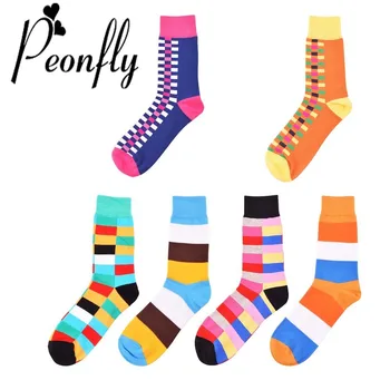

PEONFLY Men Colorful Personality Stitching sock Funny Striped Lattice Printing Happy Sock Casual Crew Socks male