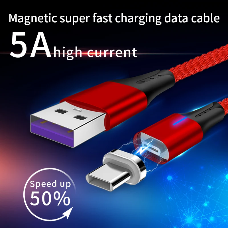 

5A Super Quick Charge Magnetic USB Cable Data Transmit LED Magnet Charger Phone Cable Type C Charger Charging Cable for HuaWei
