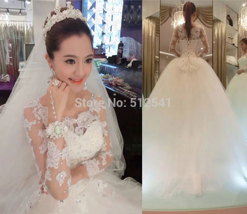 

Three Quarter Sweetheart A Line Wedding Dresses Sheer Lace Beads Applique Sequin Bridal Gowns yk1A522