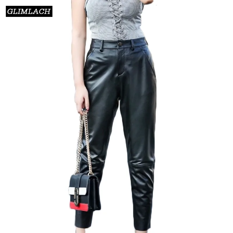 

2019 Sheepskin Pencil Pants Women Genuine Leather High Waist Slim Ankle-Length Pants Lady Fashion Casual Real Leather Trousers
