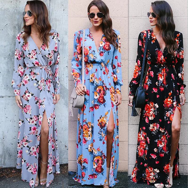 

Chiffon high elastic waist dress full sleeve flower print floral bohemian dress female