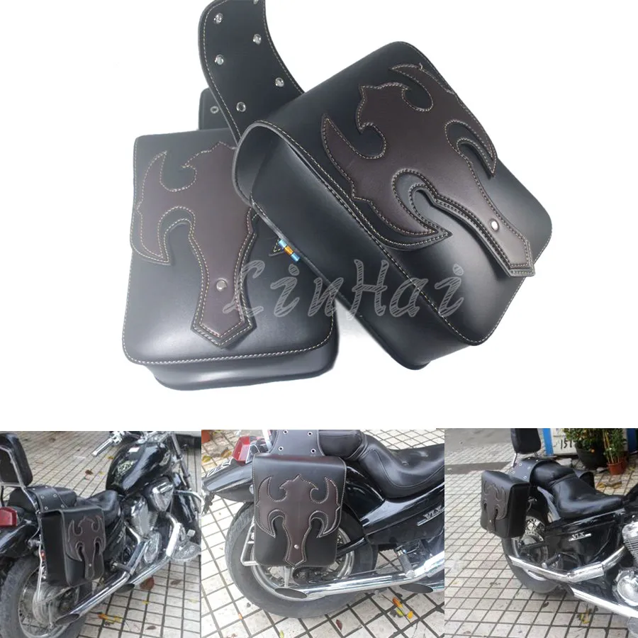 2X Motorcycle Black Saddle Bags Faux Leather Side Tool Bag Luggage Bags for Harley Honda Yamaha Suzuki