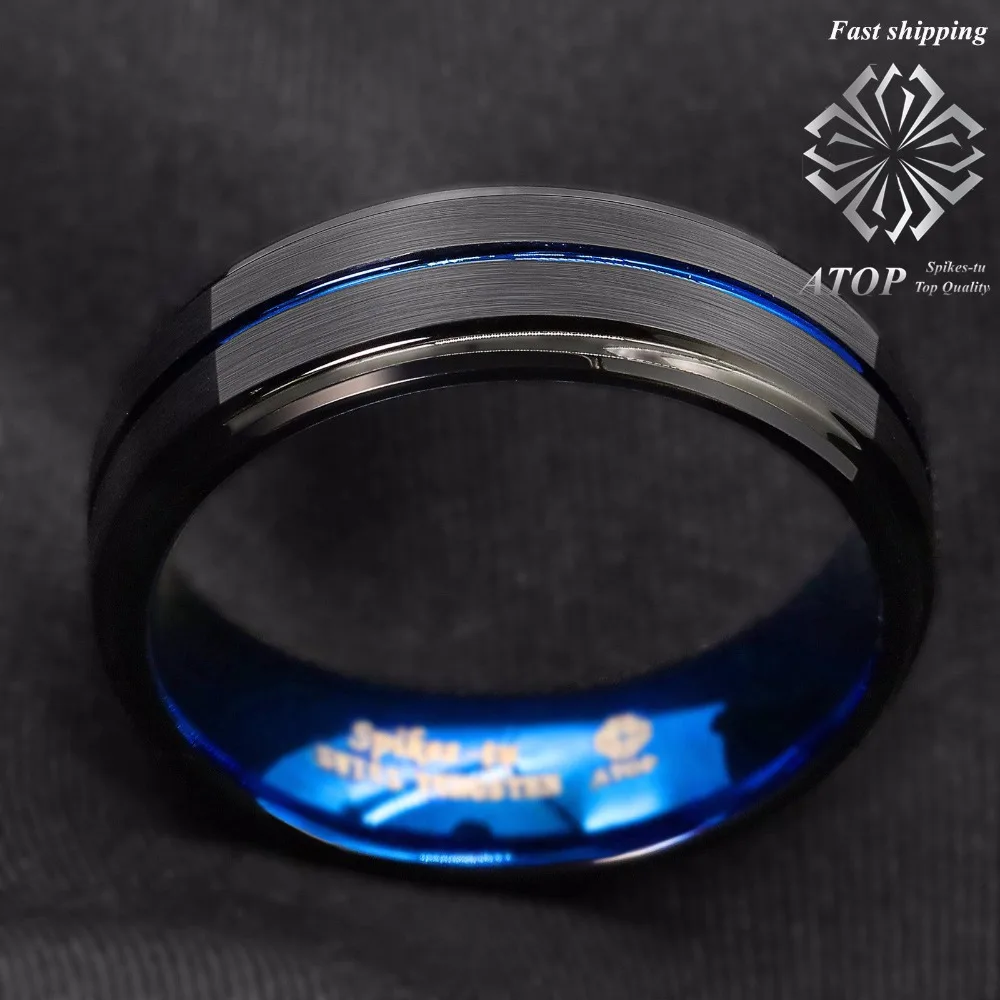 8MM Black Brushed Ladder Edge Tungsten Ring BLue Stripe ATOP Mens Wedding Band
