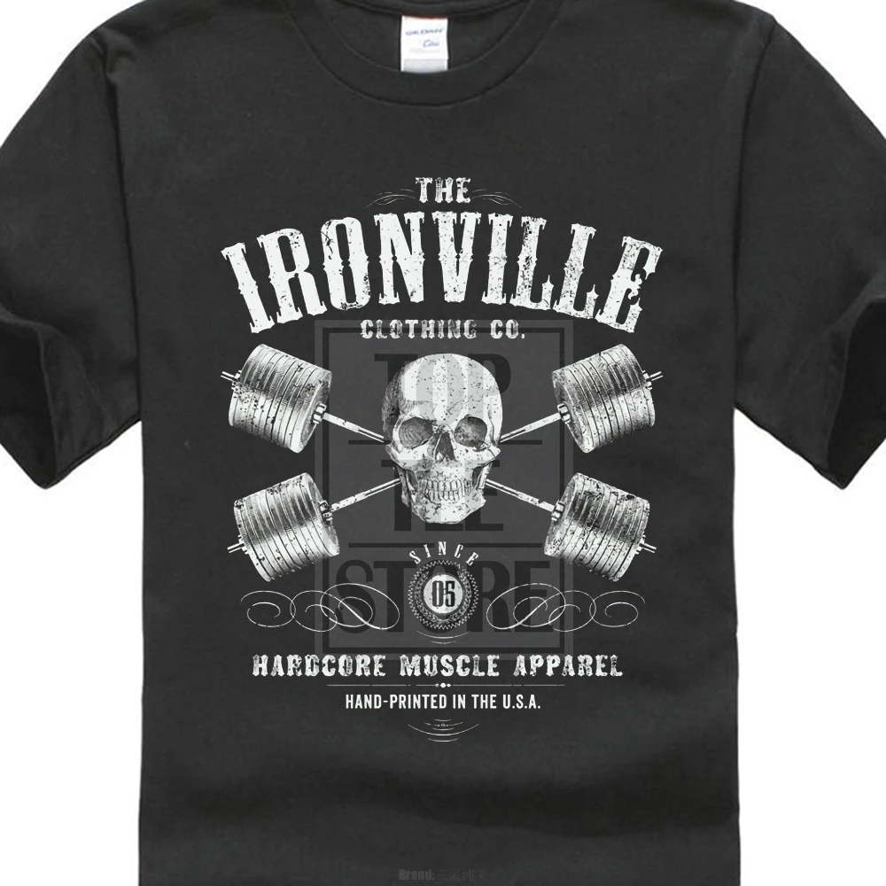 

Novelty Tee Shirts Men Couple Homme Hipster New Ironville Heavy Iron Outlaw Skull Barbells Powerlifting T Shirt