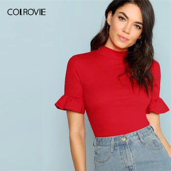 

COLROVIE Neon Red Stand Collar Ruffle Cuff Rib Knit Elegant Women T Shirt 2019 Summer Green Slim Basic Tee Orange Ladies Tops