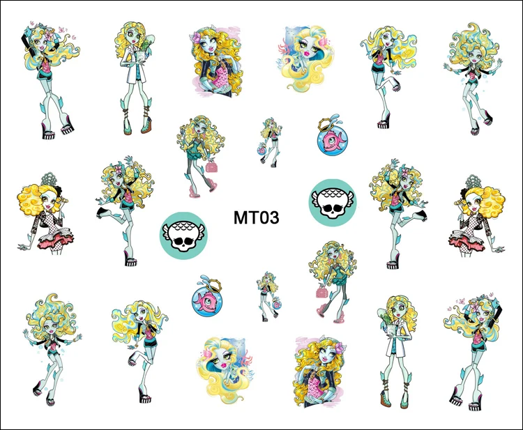 1 лист ногтей MT03 Monster High желтая Мятная Лагуна Синий мультяшный череп для ногтевого