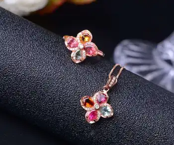 Natural Multicolor tourmaline jewelry sets natural gemstone ring Pendant 925 silver Stylish Elegant Clover women party jewelry