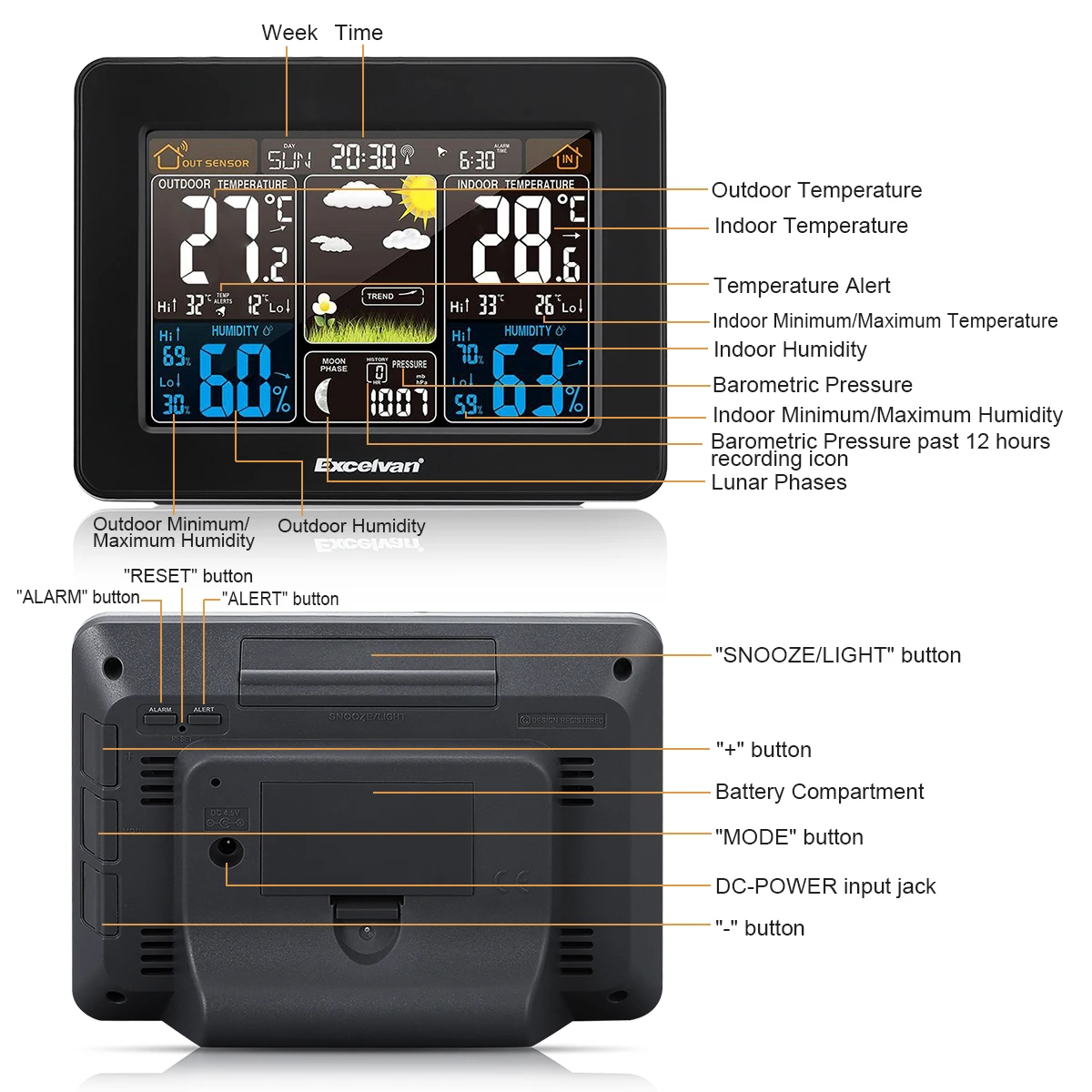 Excelvan lcd Цифровая беспроводная метеостанция с indooroutside RCC беспроводной детектор с беспроводным датчиком будильник