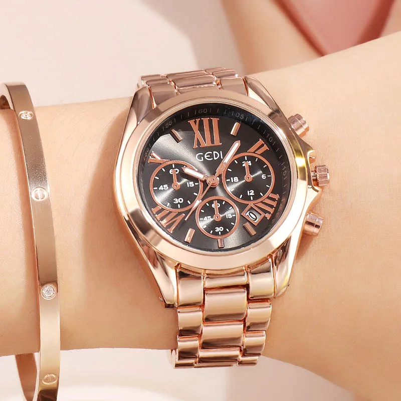 GEDI розовое золото женские часы женские кварцевые часы лучший бренд кристалл Роскошные женские наручные часы девушка часы reloj mujer - Цвет: Black