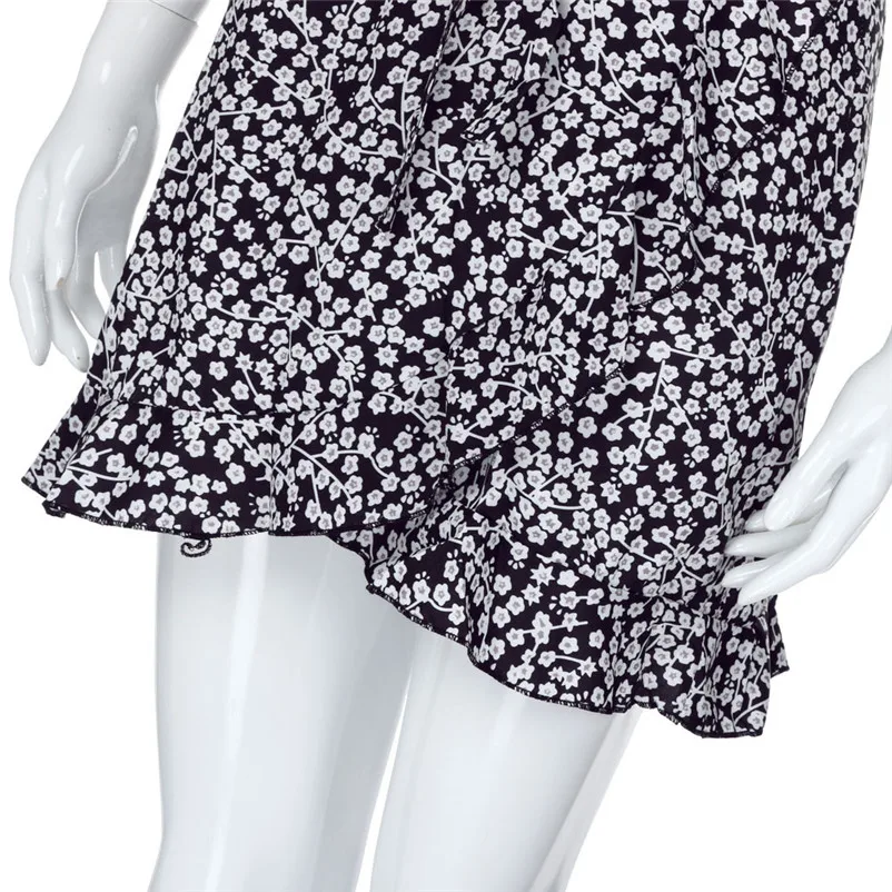 HOT summer dress 2018 beach dressWomen Floral Printed Short Sleeve V-Neck Summer Dress Beach Ruffled Skirt vestidos J19#N (2)