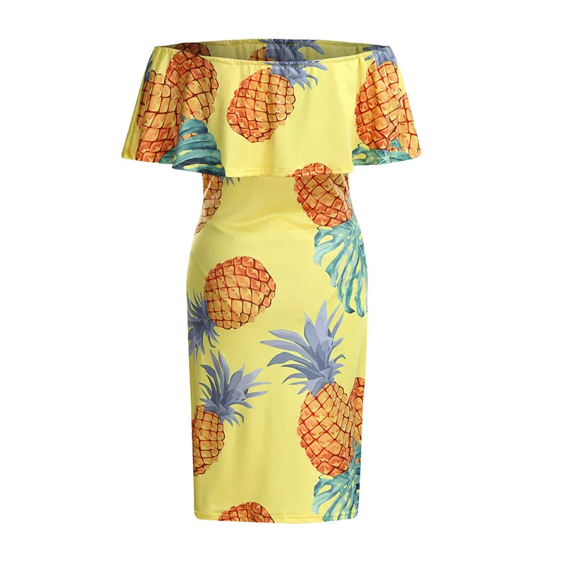 Maternity clothes summer 2019  new Women Maternity Summer Off Shoulder Pineapple Print Casual Pregnancy Dress (4)