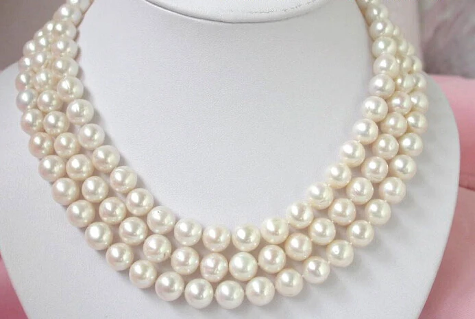

n655 Big 11mm 3Strands White Pearl Necklace cameo Clasp