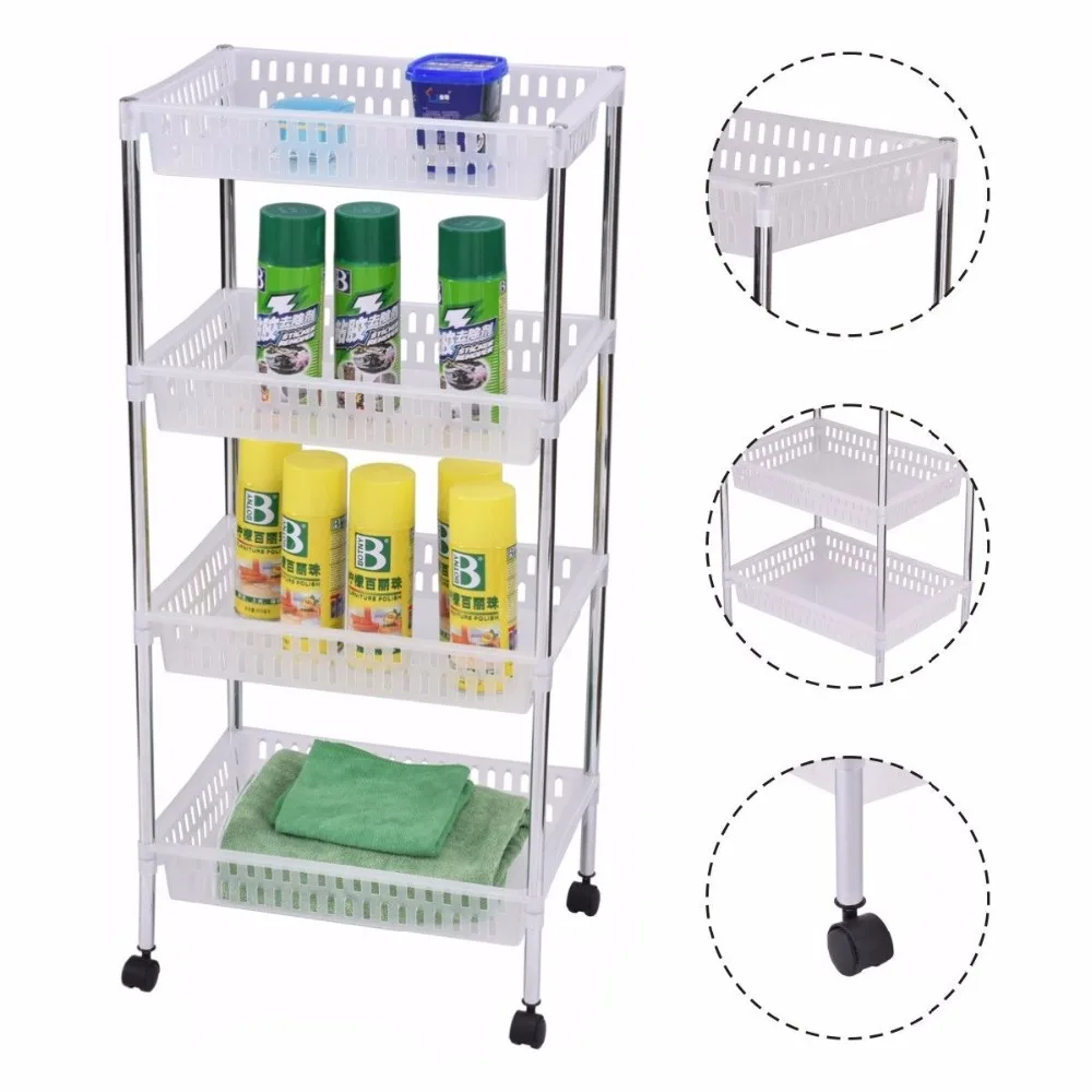 

Goplus Rolling Kitchen Trolleys 4 Layers Portable Trolley Cart Storage Display Baskets Bathroom Kitchen Office Organizer HW53827