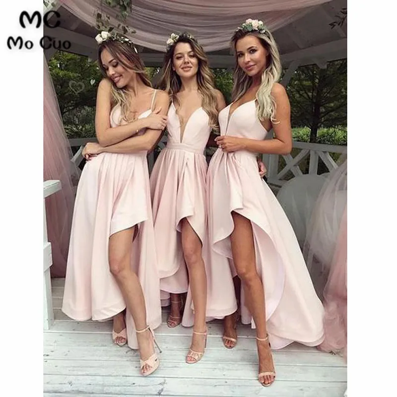 Simple V-Neck Pink High Low Prom Dress,Bridesmaid Dress,Elegant Evening Dress,Evening Gown,Prom Formal Dress