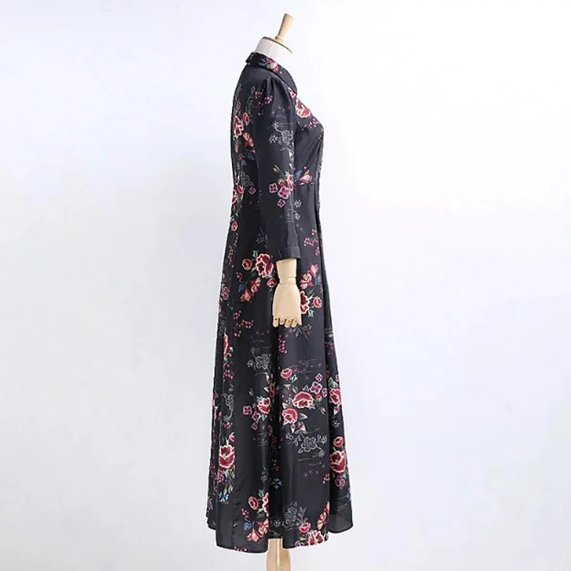 2017 Женщины Весна Dress Леди Полный Рукавом отложным Воротником Цветочным Принтом