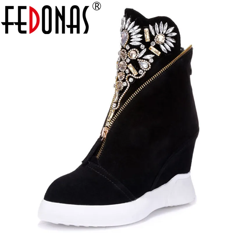 

FEDONAS New Arrival Women Ankle Boots Autumn Winter Warm Cow Suede High Heels Shoes Woman Rhinestone Party Prom Round Toe Pumps