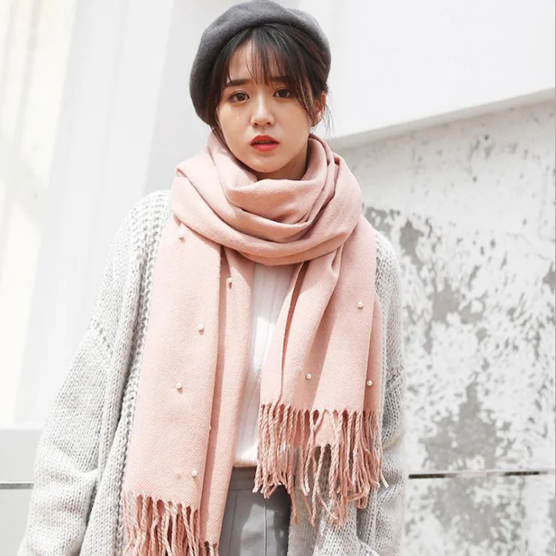 

Fashion 2018 new Autumn winter scarves for women shawls and wraps lady pashmina pure long cashmere Pearl KNITTED Solid Scarf