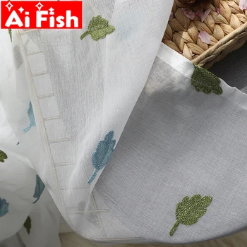 

Pastoral Fresh Cotton and Linen Embroidered Gauze Panels Tulle Curtains for living room Green Leaves Tulles for Kitchen wp311#3
