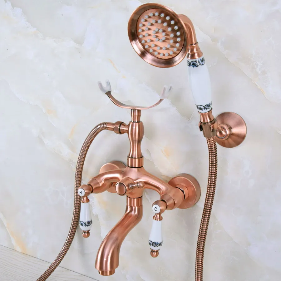 

Antique Red Copper Brass Double Ceramic Handles Wall Mounted Bathroom Clawfoot Bathtub Tub Faucet Mixer Tap w/Hand Shower ana366