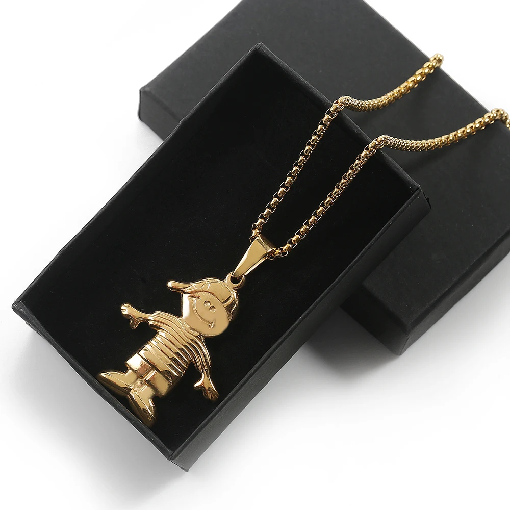 

Children Little Boy Shaped Pendant Necklace Long Chain Stainless Steel Jewelry White/Black Zircon Necklaces For Women Gifts