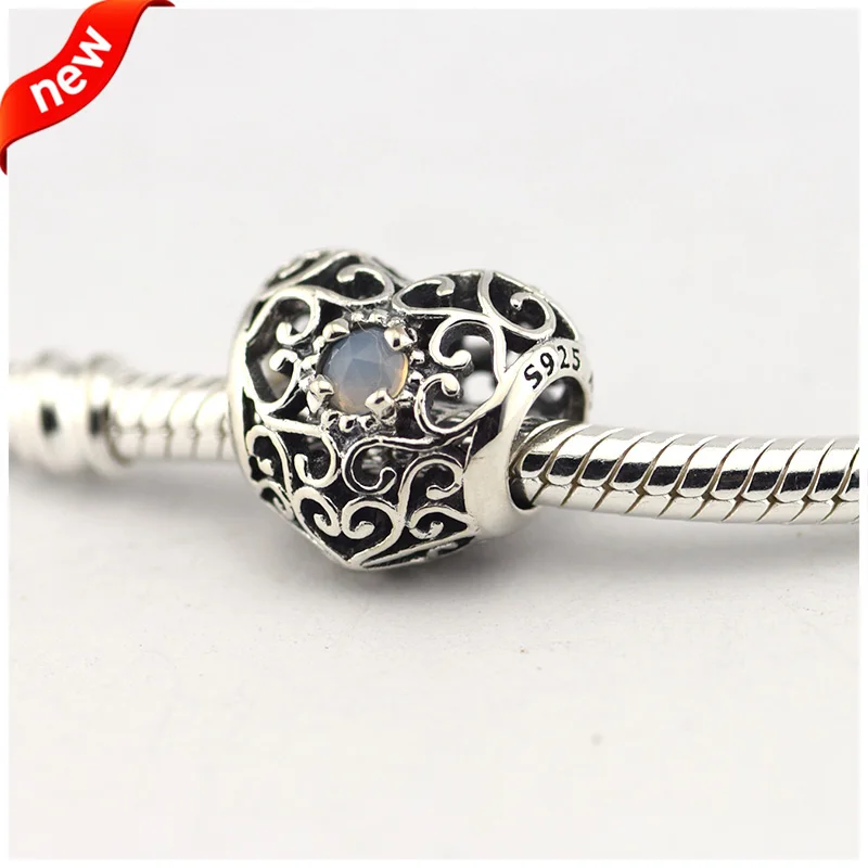 Подходит для браслетов Pandora June фирменное сердце амулеты с серым лунный камень 100%