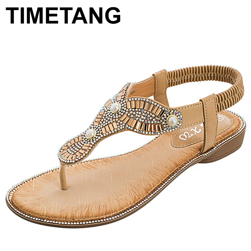 

TIMETANG 2018 women sandals Summer style Apricot color crystal Elastic Band TPR beaches flip flops women size 36-41