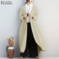 ZANZEA 2019 модные женские туфли Осень хлопок белье макси длинная куртка пальто с длинным рукавом Элегантный Открытый Спереди Кардиган Верхняя