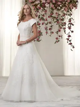 

Lace Tulle Trumpet Modest Wedding Dresses With Cap Sleeves Scoop Neck LDS Bridal Gowns With Sash Tulips Sleeves