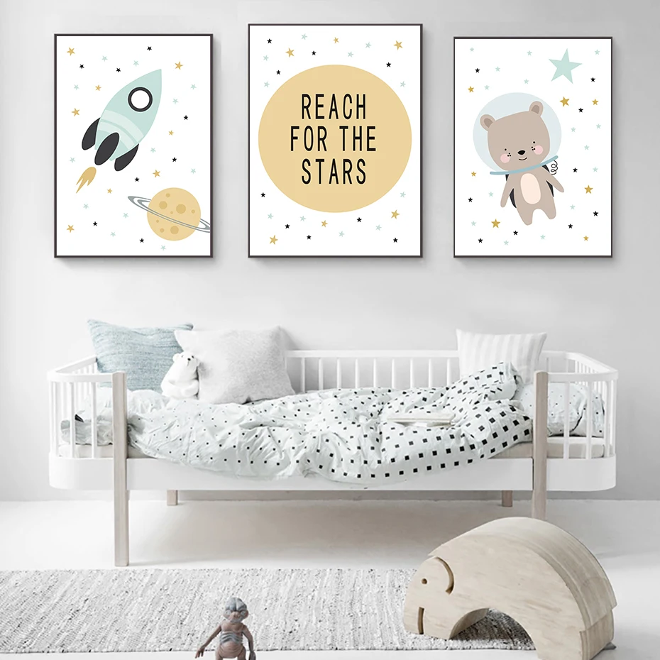 Cartoon Bear Rocket Planet Reach Quotes Wall Art Canvas Painting Nordic Poster And Prints Pictures For Kids Room Home Decor | Дом и сад