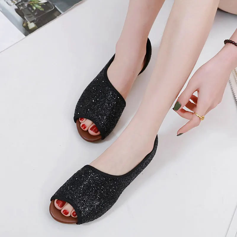 

HEE GRAND Bling Wedge Sandals 2019 Summer Sequins Low Heeled Shoes Women Peep Toe Wedges Casual Slip on Cut Out Sandals XWZ5942