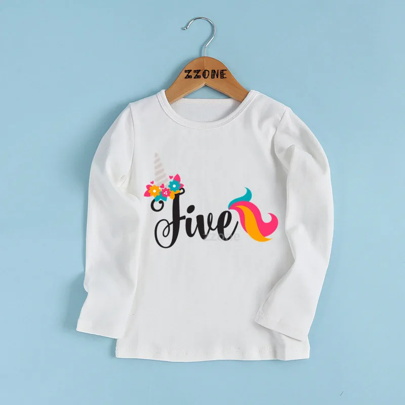 Футболка с милым принтом «Единорог» и цифрой 1-9 для девочек на день рождения футболка с длинными рукавами для малышей Забавная детская одежда на день рождения LKP2431