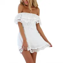 2016 Fashion Women Dress Elegant Vintage Sweet Lace White Stylish Sexy Slash Neck Casual Slim Beach Summer Sundress Black White