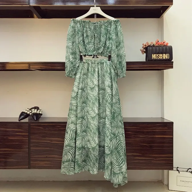

2019 New Summer Women's Bohemian Holiday Green Leaf Printed Off Shoulder Short Top + Long Skirt Two Piece Seaside Skirt Suits