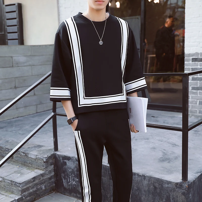 خمر بذلة رياضية الربيع الصيف عارضة عداء ببطء Sweatpant الهيب هوب رجل مجموعة التباين ساحة شكل الرجال ملابس رياضية دعوى أسود أبيض
