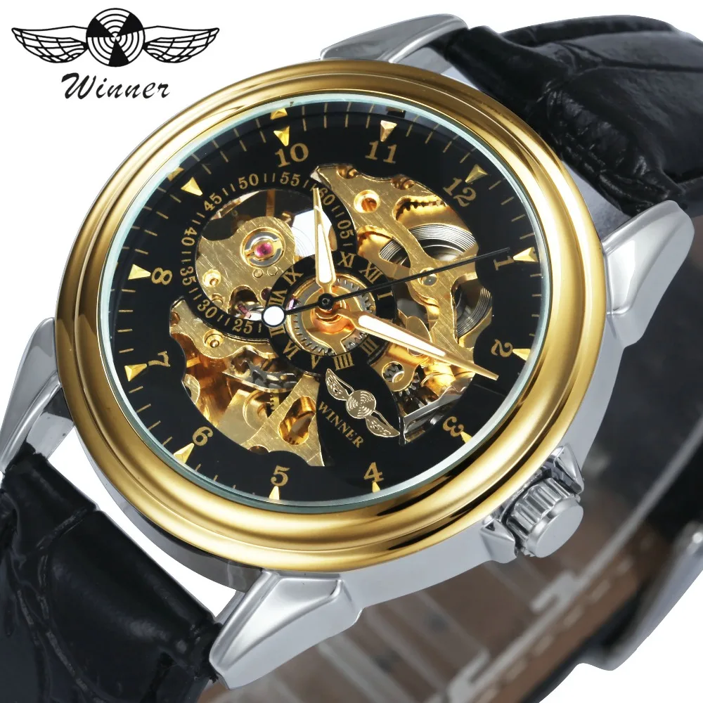 

WINNER 2018 Royal Watch Men Auto Mechanical Wristwatch Mens Golden Skeleton Dial Leather Strap 3D Index Design Fashion Watches