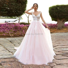 Романтическая аппликация Принцесса Розовые Свадебные платья совок шеи Линия Тюль Свадебные платья пляж длина пола свадебное платье невесты