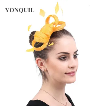 

Yellow sinamay wedding charming hoops fascinatos women eleggant hair accessories bride fancy feather headwear headband fancy