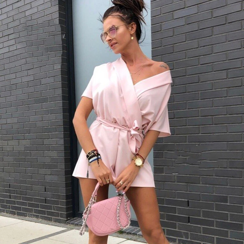 Deep V-neck Short Sleeve Loose Playsuits Women Casual Solid Sexy Playsuit Lace Up Spring Summer Ladies Elegant Playsuits 2019