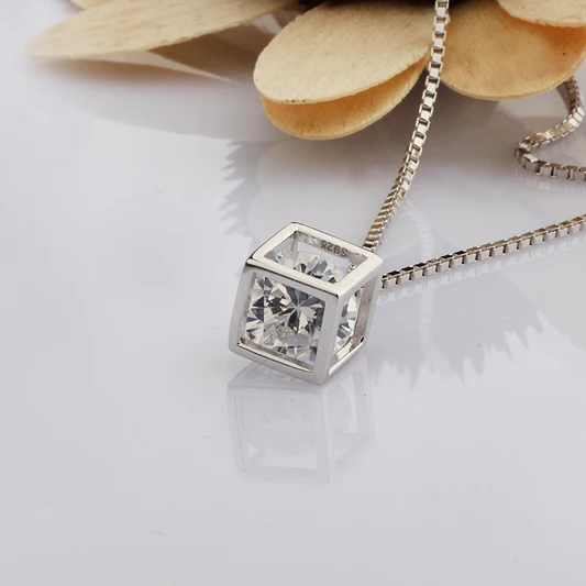 

s925 Silver Pendants Necklaces Jewelry For Woman Square Cube Dangles Slide Single Shiny Crystal Fashion Findings 7mm 1pc Goldfeu