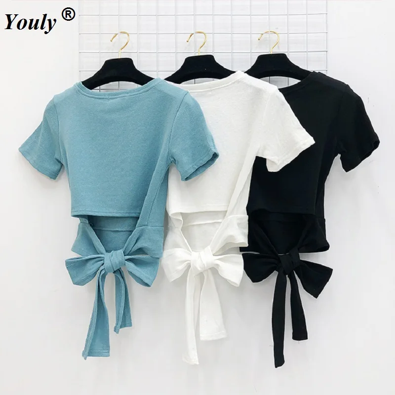 

Women Sexy Back Lace Up Bow T Shirt Ladies 2019 Burgundy Summer Casual Basic Tops Female Slim Solid Hollow Out Tees