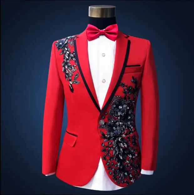 

New Applique Mens Suits With Pants Red Men Suit For Stage performance Blue Notched lapel edge Blazer Masculino Custom 2 Piece