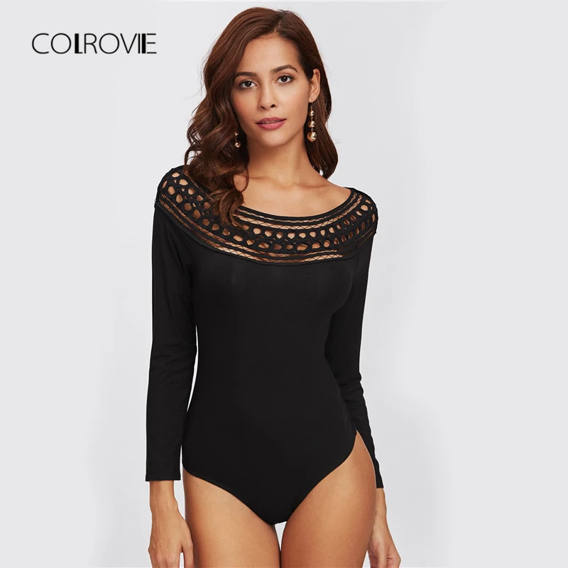 

COLROVIE Black Hollow Out Shoulder Solid Night Out Sexy Skinny Bodysuit Autumn Scoop Long Sleeve Elegant Women Bodysuits