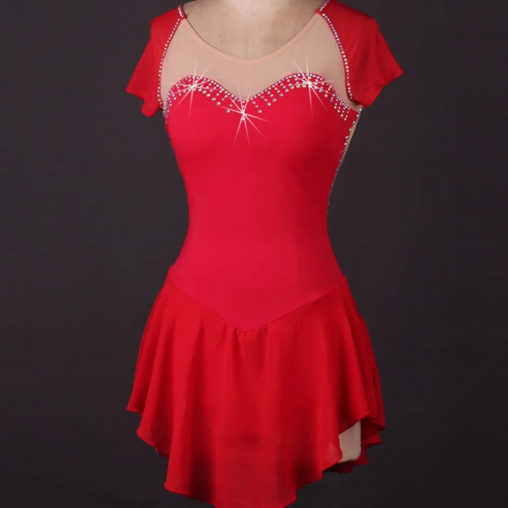 Красный с короткими рукавами для девочек Для женщин Латинской Румба Катание на коньках платье конкурс лед фигурное катание платье для