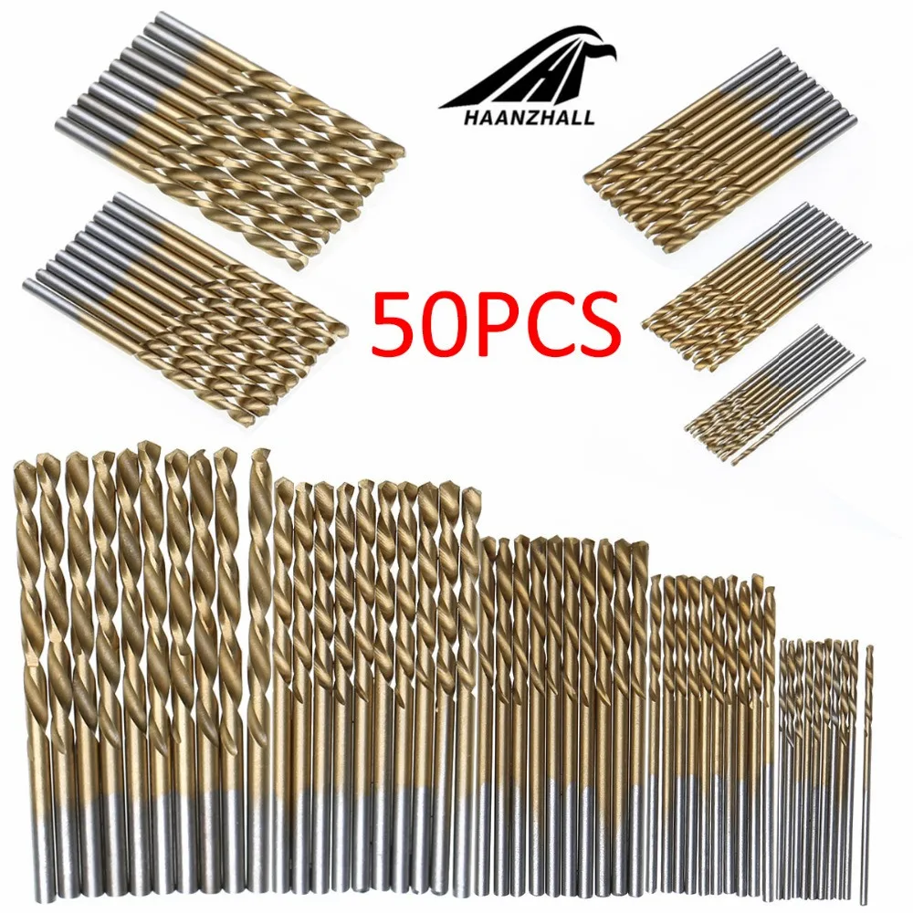 50pcs hss drill Titanium Coated Drill Bits HSS High Speed Steel Drill Bits Set Tool High Quality Po