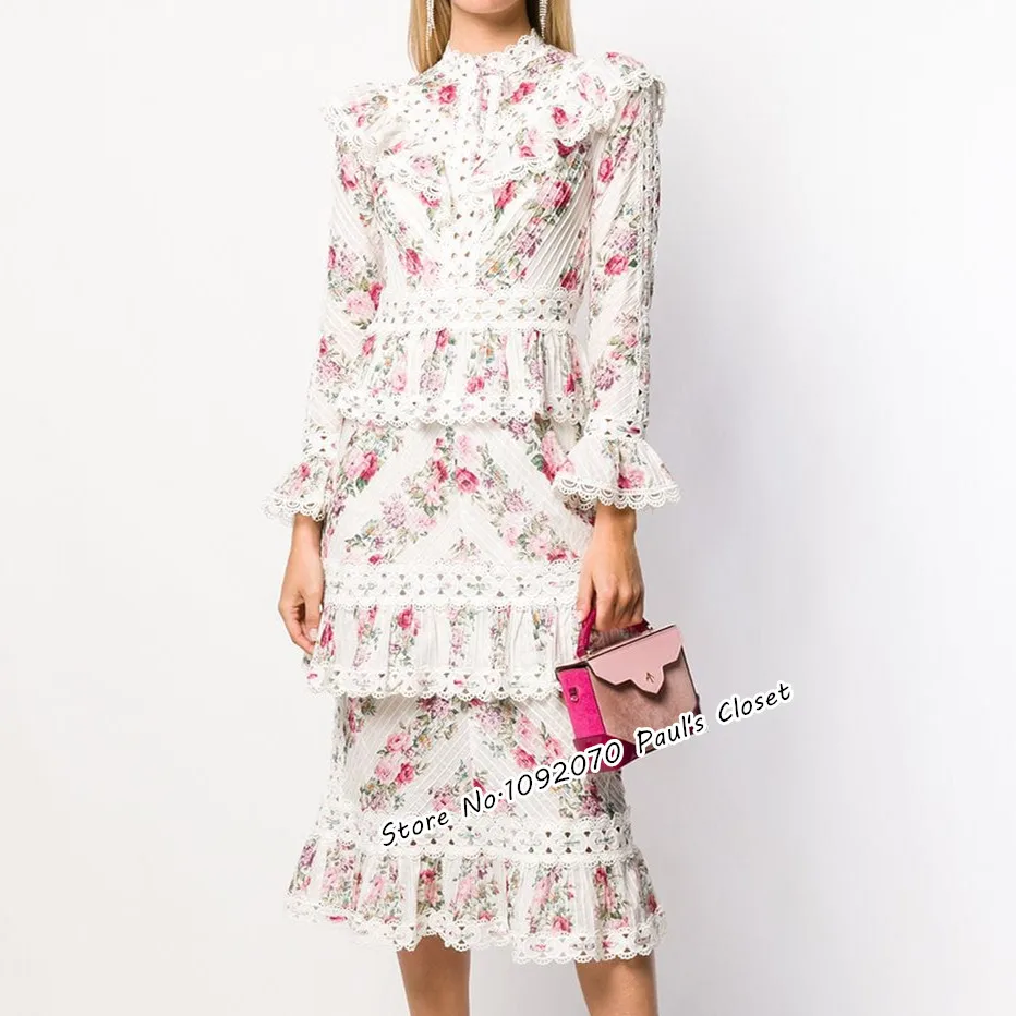 

Women Ivory Cream Floral Pintuck Panelled Dress Fitted Midi Dress With Embroidered Lace Trim