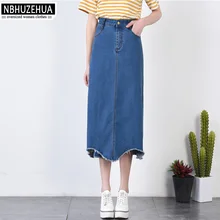NBHUZEHUA X1807 сбоку Разделение джинсовая юбка летняя длинная юбка Для женщин синий Высокая талия Нерегулярные Повседневная юбка плюс Размеры 5XL 6XL 7XL