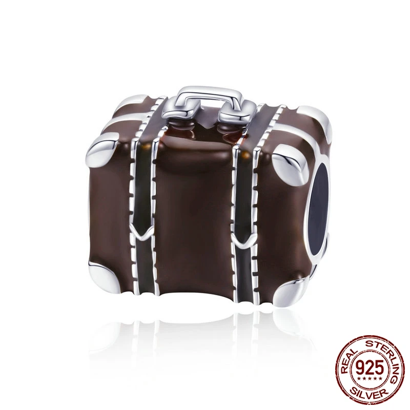 

FURUYA Hot Sale 925 Sterling Silver Charm fit Bangles Bracelet DIY Jewelry Making Travel Suitcase Box Brown Enamel Beads