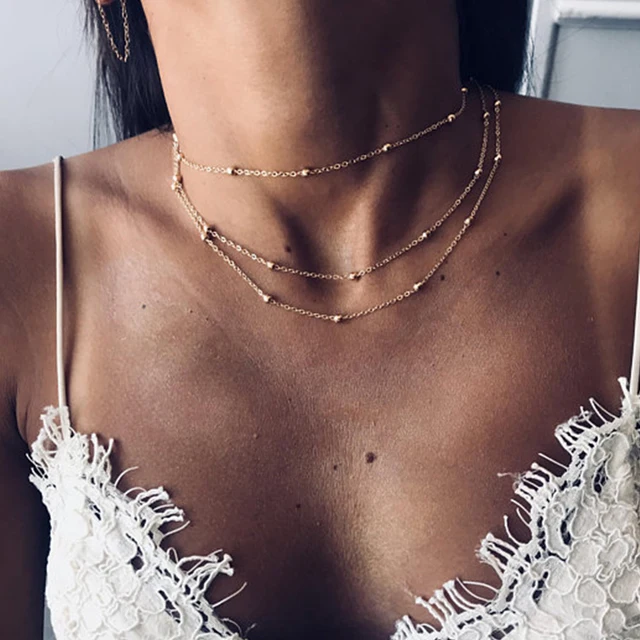 simple boho gold silver chain beads choker necklace women layerd