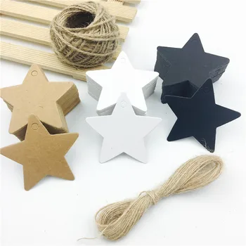 

100pcs/lot White Black Brown Kraft Paper Tags DIY Mini Food Label Star Shaped Wedding Card Blank Price Hang Tag Strings 6*6cm