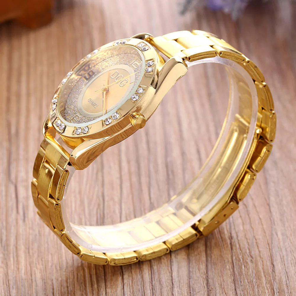 Новинка, известный бренд DQG, женские золотые кварцевые часы из нержавеющей стали, роскошные повседневные Аналоговые часы с кристаллами, горячая распродажа